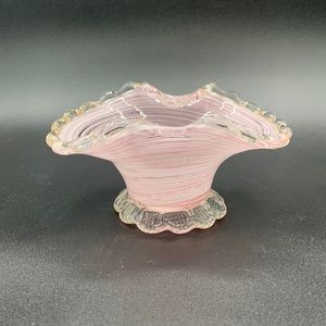 VTG Murano Style Hand Blown Pink Swirl Gold Fleck Scalloped Folded Edged Dish